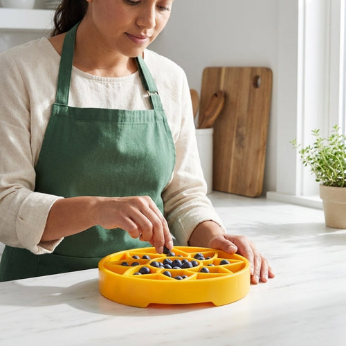 Sunflower Softie eTray Slow Feeder Dog Bowl | Soft Shallow Lick Mat | Yellow & Purple | USA Made