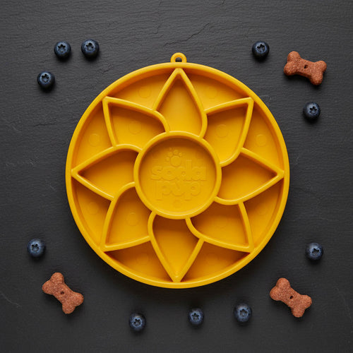 Sunflower Softie eTray Slow Feeder Dog Bowl | Soft Shallow Lick Mat | Yellow & Purple | USA Made
