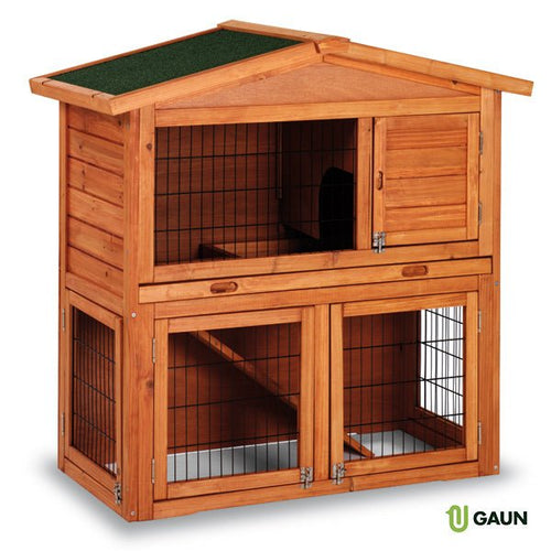 Prague Wooden Rabbit Hutch with Ramp, Two-Level Outdoor Bunny House