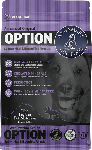 Annamaet Original Option Formula dog food pouch with salmon meal, brown rice, omega 3 fatty acids, chelated minerals, and prebiotics, designed for dogs with food sensitivities
