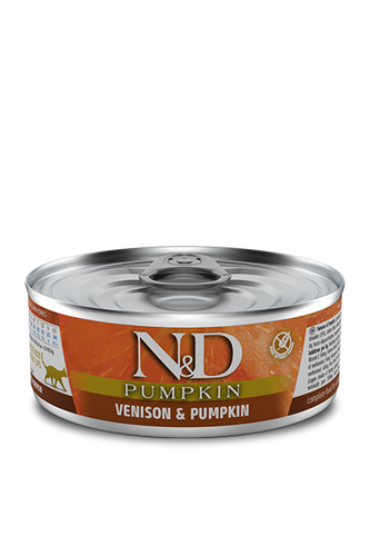 Farmina N&D Pumpkin Venison and Pumpkin wet cat food can with orange label