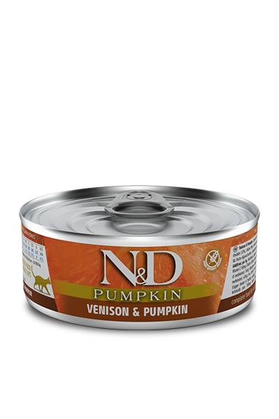Farmina N&D Pumpkin Venison and Pumpkin wet cat food can with orange label