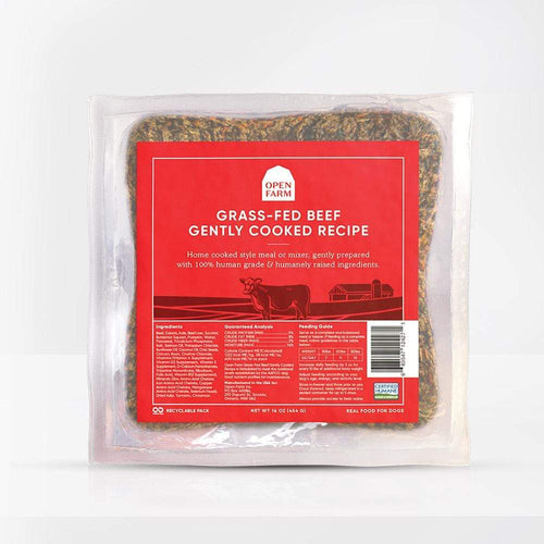 Open Farm Grass-Fed Beef gently cooked dog food recipe in vacuum-sealed packaging with red label