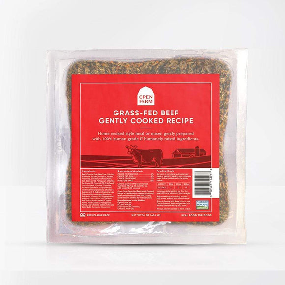 Open Farm Grass-Fed Beef gently cooked dog food recipe in vacuum-sealed packaging with red label