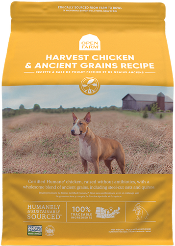 Open Farm Harvest Chicken & Ancient Grains dry dog food bag with farm background and dog image, featuring ethically sourced ingredients and ancient grains.