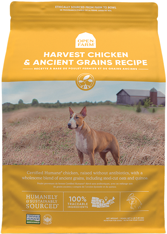 Open Farm Harvest Chicken & Ancient Grains dry dog food bag with farm background and dog image, featuring ethically sourced ingredients and ancient grains.