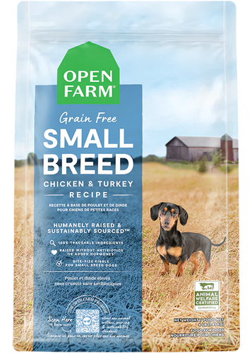 Open Farm Small Breed Grain-Free Dog Food dry kibble bowl with transition feeding guide icons
