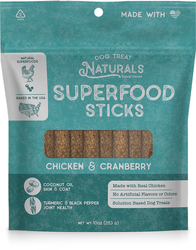Dog Treat Naturals Chicken & Cranberry Superfood Sticks with turmeric and coconut oil for joint and skin health