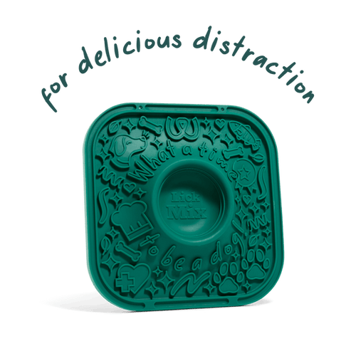 Woof LickMat dog silicone licking mat with playful design and built-in mixing bowl for calming treats