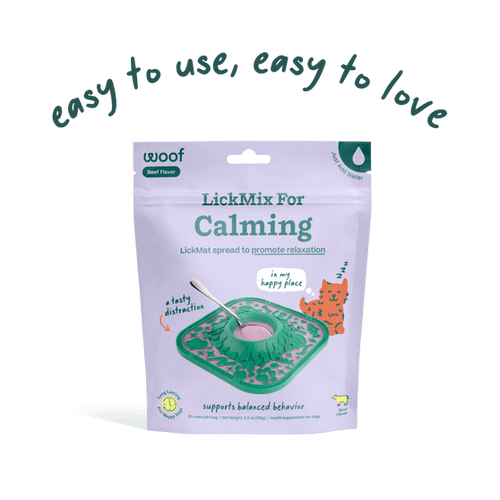 Woof LickMix Calming beef flavor spread for dogs to promote relaxation and balanced behavior
