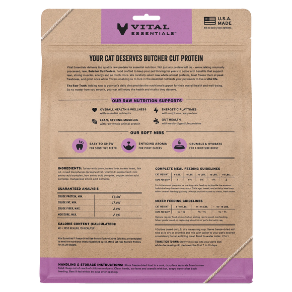 Vital Essentials Freeze-Dried Raw Protein Turkey Soft Nibs Meal or Mixer Cat Food