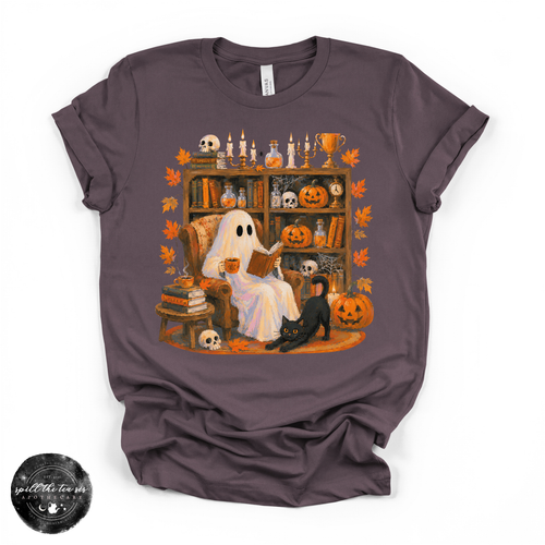 Cozy Ghost Reading Tee | Cute Book Lover Halloween Graphic T-Shirt