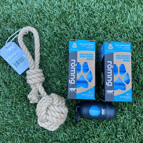 Bio-Based Poop Bag Bundle with Bamboo Dispenser + Hemp Rope Tug Toy | rōmng