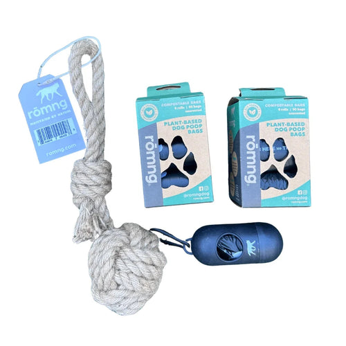 Compostable Poop Bags + Bamboo Dispenser + Hemp Rope Tug Toy Bundle (195 Bags)