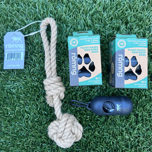 Compostable Poop Bags + Bamboo Dispenser + Hemp Rope Tug Toy Bundle (195 Bags)
