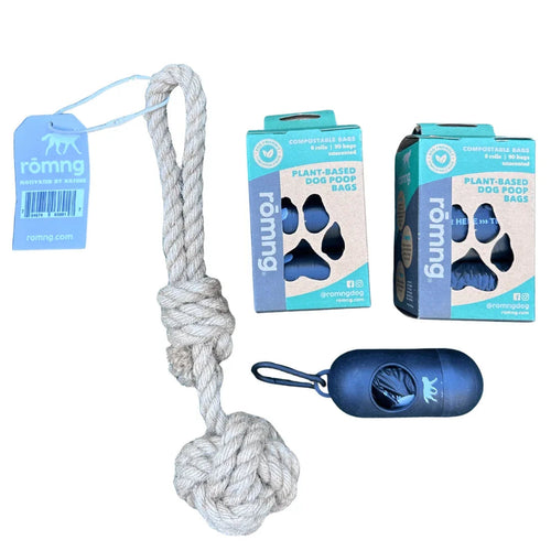 Compostable Poop Bags + Bamboo Dispenser + Hemp Rope Tug Toy Bundle (195 Bags)