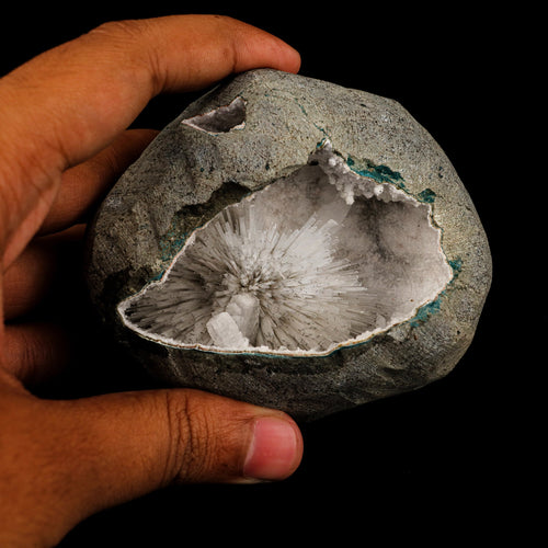 Scolecite Spray Inside Chalcedony Geode Natural Mineral Specimen # B 6165