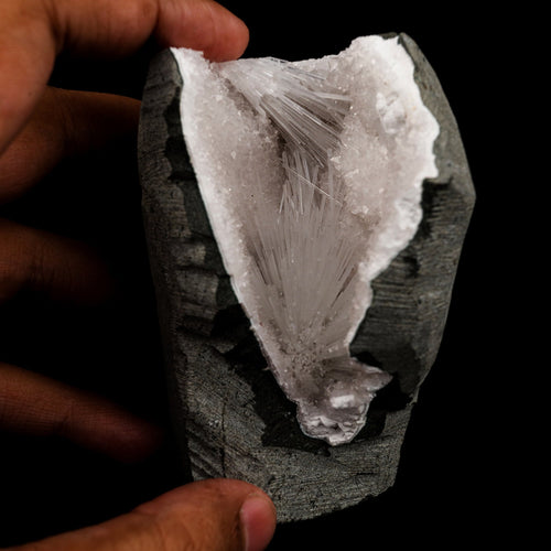 Scolecite Spray Inside MM Quartz Geode Natural Mineral Specimen # B 5655