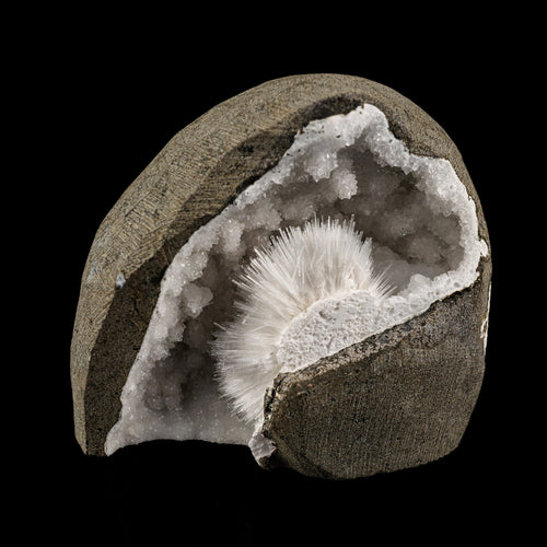 Scolecite Spray Inside MM Quartz Geode Natural Mineral Specimen # B 6087