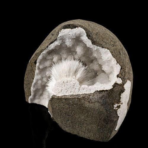 Scolecite Spray Inside MM Quartz Geode Natural Mineral Specimen # B 6087