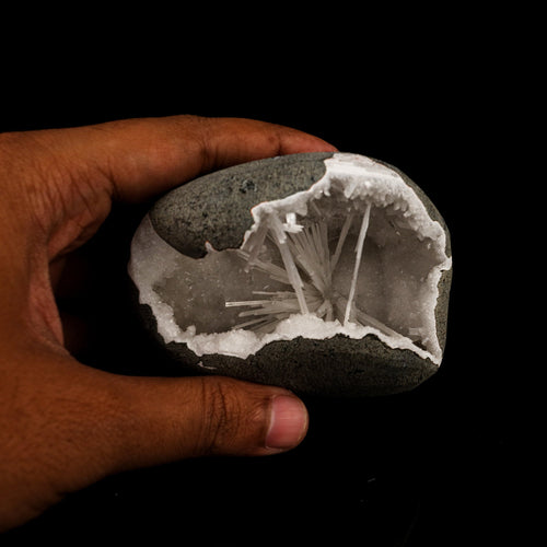 Scolecite Spray Inside MM Quartz Geode Natural Mineral Specimen # B 6311