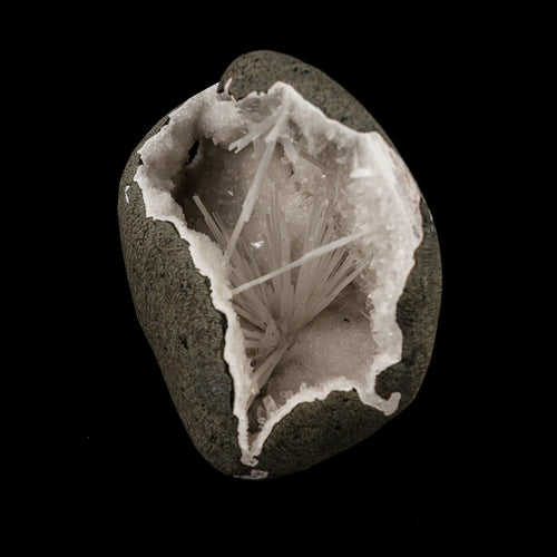 Scolecite Spray Inside MM Quartz Geode Natural Mineral Specimen # B 6311