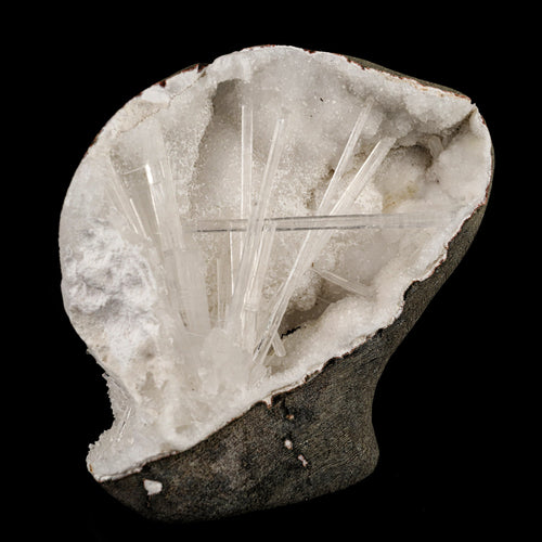 Scolecite Spray Inside MM Quartz Geode Natural Mineral Specimen # B 6315