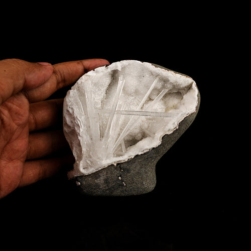 Scolecite Spray Inside MM Quartz Geode Natural Mineral Specimen # B 6315