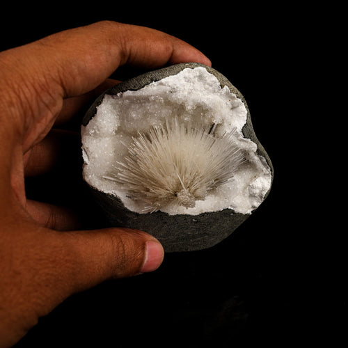 Scolecite Spray Inside MM Quartz Geode Natural Mineral Specimen # B 6330