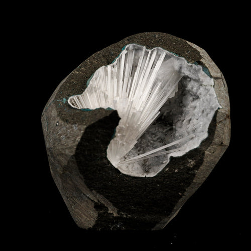 Scolecite Spray Inside MM Quartz Geode Natural Mineral Specimen # B 6410