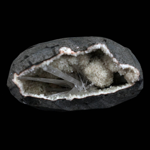 Scolecite Sprays Inside Geode Natural Mineral Specimen  # B 4649