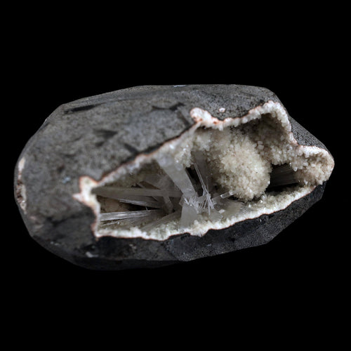 Scolecite Sprays Inside Geode Natural Mineral Specimen  # B 4649