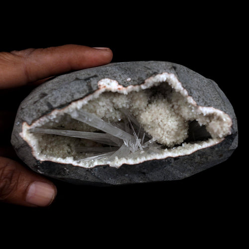 Scolecite Sprays Inside Geode Natural Mineral Specimen  # B 4649