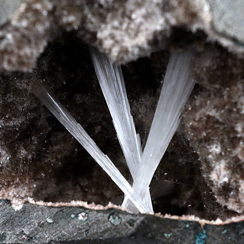Scolecite Sprays Inside Geode Natural Mineral Specimen  # B 4650