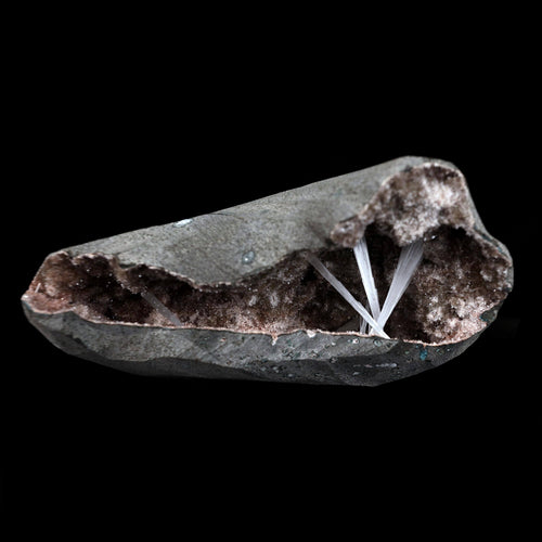 Scolecite Sprays Inside Geode Natural Mineral Specimen  # B 4650