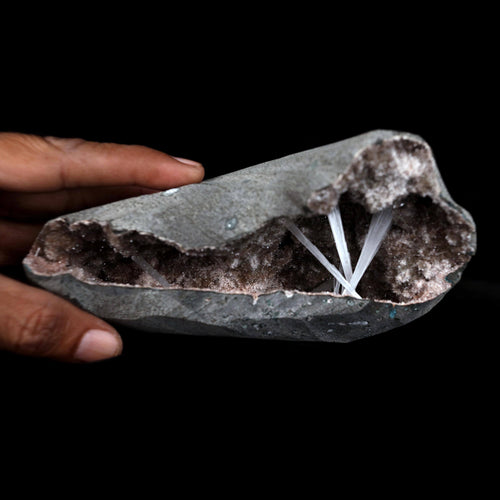Scolecite Sprays Inside Geode Natural Mineral Specimen  # B 4650