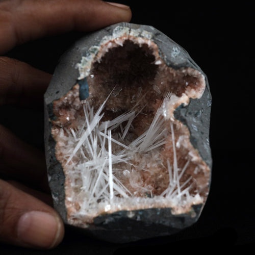 Scolecite Sprays Inside Heulandite Geode Natural Mineral Specimen  # B 4908
