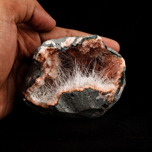 Scolecite Sprays Inside Heulandite Geode Natural Mineral Specimen  # B 5089