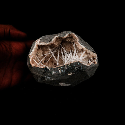 Scolecite Sprays Inside Heulandite Geode Natural Mineral Specimen  # B 5264
