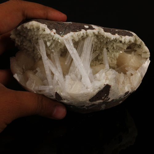 Scolecite Sprays Inside Heulandite Geode Natural Mineral Specimen # B 5799