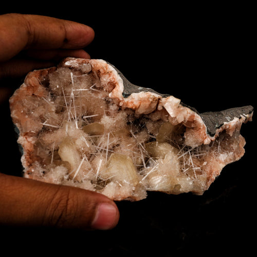 Scolecite Sprays Inside Heulandite Geode Natural Mineral Specimen # B 5893