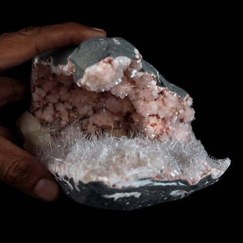Scolecite Sprays with Stilbite Inside Heulandite Geode Natural Mineral Specimen  # B 4541