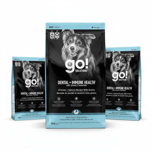 Petcurean GO! Solutions Dental + Immune Health dog food available in 4 lb, 9 lb, and 18 lb bags