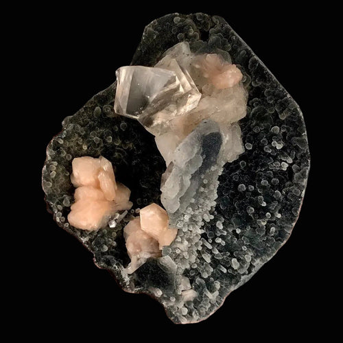 Top-Notch Gemmy Champagne Calcite with Stilbite on Black Chalcedony | Indian Zeolite Specimen – Jalgaon DK86