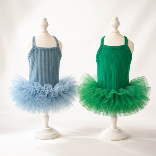 Blue & Green Pet Tutu Dress for Dogs – Ribbed Knit Ballet Puppy Dress with Fluffy Tulle Skirt for Small Dogs