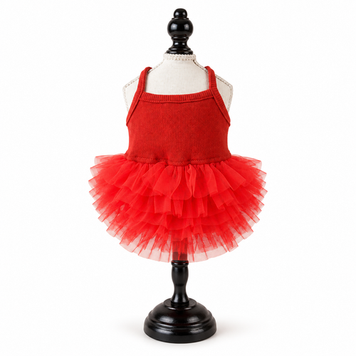 Red Pet Tutu Dress for Dogs – Ribbed Knit Puppy Ballet Dress with Layered Tulle Skirt for Small Dogs