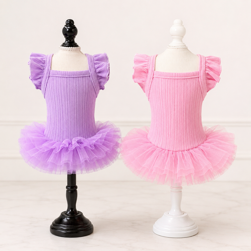 Flutter Sleeve Dog Tutu Dress – Ribbed Knit Puppy Ballet Dress with Layered Tulle Skirt for Small Dogs
