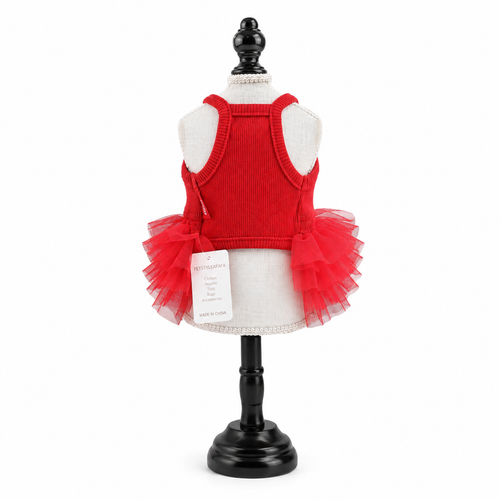 Red Pet Tutu Dress for Dogs – Ribbed Knit Puppy Ballet Dress with Layered Tulle Skirt for Small Dogs