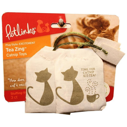 TEA ZING 100% CATNIP TOY packaging featuring two catnip bags with cat illustrations.
