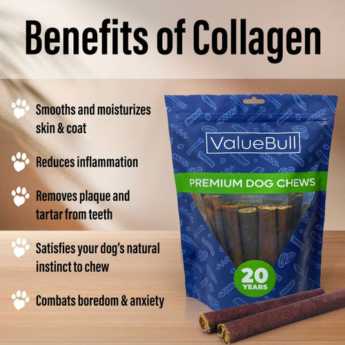 ValueBull Collagen Sticks for Dogs, 6 Inch Thick Chews, Natural Long-Lasting Dog Treats, 100 Count Bulk Pack